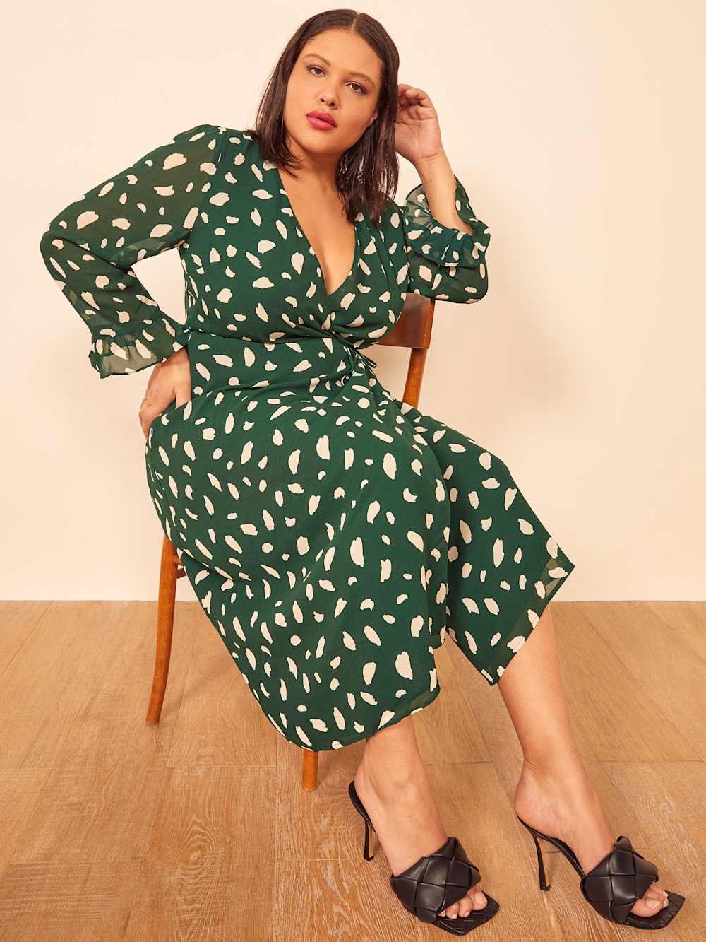 Reformation Mulberry Printed Wrap Midi Dress Green Cream Womens 1X